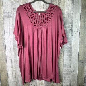 Torrid Size 4(4X)(26) Rose Color Lace Yoke Hi-Neck Blouse Short Flutter Sleeves